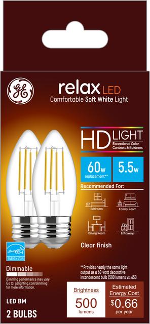Tochi boom versterking Metropolitan GE Relax HD Soft White 60W Replacement LED Light Bulbs Decorative Clear  Blunt Tip Medium Base BM (2-Pack)